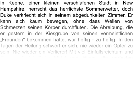 In Keene, einer kleinen verschlafenen Stadt in New Hampshire, herrscht das herrlichste Sommerwetter, doch Duke verkriecht sich in seinem abgedunkelten Zimmer. Er kann sich kaum bewegen, ohne dass Wellen von Schmerzen seinen Körper durchfluten. Die Abreibung, die er gestern in der Kiesgrube von seinen vermeintlichen „Freunden“ bekommen hatte, war heftig - zu heftig. In den Tagen der Heilung schwört er sich, nie wieder ein Opfer zu sein! Nie wieder ein Verlierer! Mit viel Einfallsreichtum und Finesse findet Duke Mittel und Wege, die perfekten Verbrechen zu inszenieren. Immer wieder findet er sich in Situationen wieder, die seine „dunkle Seite“ in ihm zum Handeln zwingen. Nur die Liebe kann ihn wieder auf die richtige Bahn bringen. Wird er diese finden? Das Buch nimmt den Leser mit auf eine spannende Reise quer durch die USA und begleitet Duke bei seiner Metamorphose vom schüchternen Jungen zum technisch versierten Computergenie, der mit einem