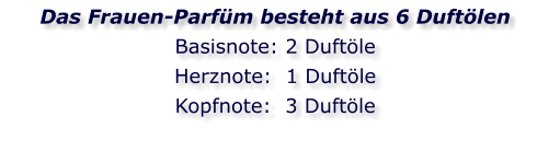 Das Frauen-Parfüm besteht aus 6 Duftölen Basisnote: 2 Duftöle Herznote:  1 Duftöle Kopfnote:  3 Duftöle